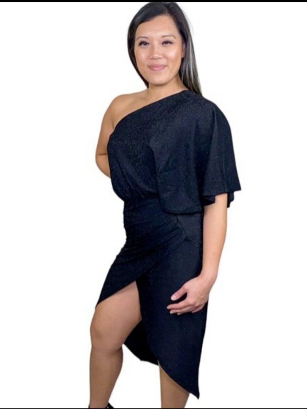 Sparkly One Shoulder Drape Ruched Black Dress